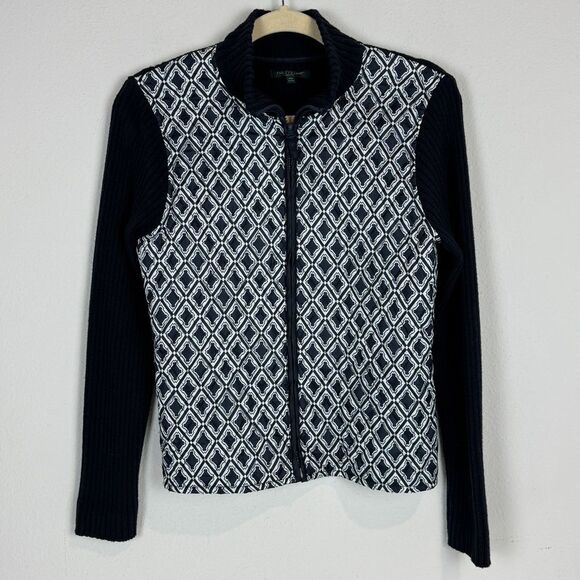 For Cynthia Navy Quilted Full Zip Ribbed Sweater Jacket PM - Picture 1 of 9